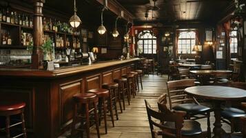 Innerhalb das hölzern Oase von ein traditionell irisch Taverne. generativ ai foto
