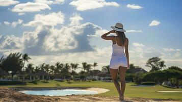 unkenntlich Mädchen posieren auf das Golf Gericht im tropisch Erholungsort. generativ ai foto