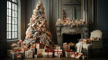 Schönes, festlich dekoriertes Zimmer mit Weihnachtsbaum mit Geschenken darunter foto