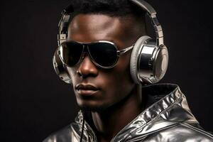 Mode Kerl Musik- jung Sonnenbrille einer Porträt Männer schwarz Kopfhörer Lebensstil. generativ ai. foto