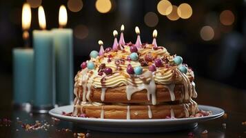 köstlich Geburtstag Kuchen mit Kerzen foto