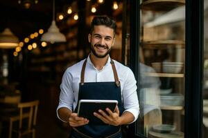 Frau beiläufig Zuhause Arbeiten Lebensstil Cafe Job lächelnd Kaffee halten Fachmann Restaurant Geschäft Lieferung Bedienung foto