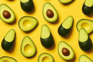 kreativ Aussicht Essen tropisch Grün Kopieren gesund Vegetarier Hintergrund Raum oben Avocado Obst Muster Hälfte Blau foto