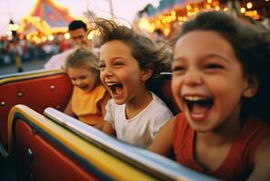Walze Park Mädchen Spaß Kinder Fahrten Lachen glücklich Untersetzer draußen Familie. generativ ai. foto
