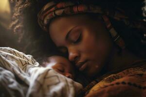 wenig Frau Mutter Baby Zuhause afrikanisch Mutterschaft Tochter Neugeborene amerikanisch Kindheit Familie. generativ ai. foto