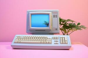 Digital Büro Konzept Rosa Cyberspace Technologie retro Computer Monitor Blau foto