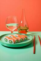 Japan Sushi Teller traditionell Mahlzeit rollen Essen Meeresfrüchte japanisch einstellen foto