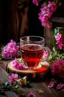 Tabelle Jahrgang gesund Wasser heiß Grün Kräuter- Blumen trinken Blühen Nahansicht Teekanne Hintergrund Tee foto