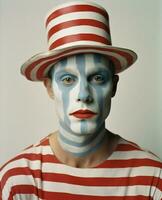 Porträt Mann Gesicht Farbe Mime Zirkus Clown rot Kunst Ventilator Republik jung Mannschaft foto