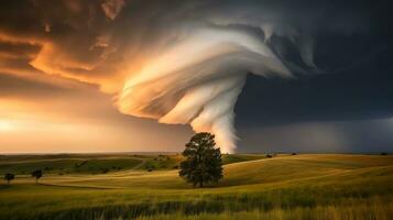 Tornado im stürmisch Landschaft, Donner Sturm, Klima ändern, natürlich Katastrophe, generativ ai Illustration foto