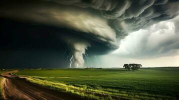 Tornado im stürmisch Landschaft, Donner Sturm, Klima ändern, natürlich Katastrophe, generativ ai Illustration foto