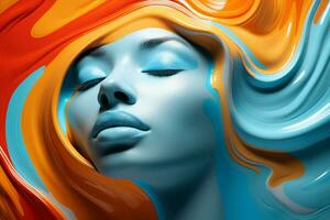 Körper Frau Gesicht Kunst Modell- Porträt Mode Blau Schönheit gesund Farbe bunt Flüssigkeit foto