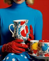 Frau attraktiv Blau Tasse Schönheit Mode ziemlich retro Jahrgang Porträt rot foto