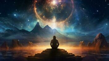 Raum Energie Traum Zen Spiritualität Universum Star Yoga Pose meditieren Silhouette weiblich Lotus foto
