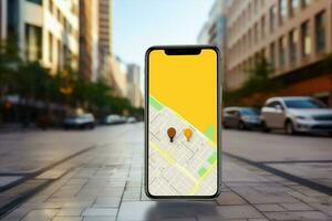 Symbol Reise Telefon Navigation Richtung Ort Karte Straße Smartphone Straße Konzept Geographisches Positionierungs System Stadt foto