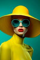modisch Frau Nahansicht Neon- Frisur ziemlich Studio modisch Farbe Hipster Sonnenbrille Gelb Schönheit Rosa foto