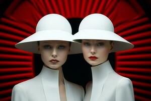 Brünette bunt Mode rot Kunst Kleid Schönheit Modell- Hut schwarz Weiß Frauen attraktiv freunde foto