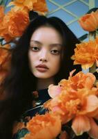 Frau Blume Porträt asiatisch Blätter Herbst bunt Schönheit Vogel Jahrgang tropisch foto