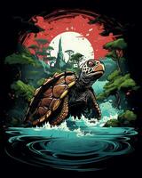 ein Schildkröte fliegend im das Wasser verzaubert Fluss Bank Kunst Illustration Vektor Hintergrund foto