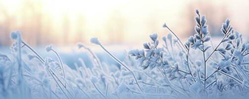 gefroren schneebedeckt Gras, Winter natürlich abstrakt Hintergrund. schön Winter Landschaft. ai generiert foto