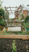 angehoben Gartenbett mit ein hölzern Bank im ein Garten foto