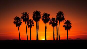 dramatisch Palme Baum Silhouette von Wüste Sonnenuntergang generativ ai foto