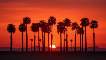 dramatisch Palme Baum Silhouette von Wüste Sonnenuntergang generativ ai foto