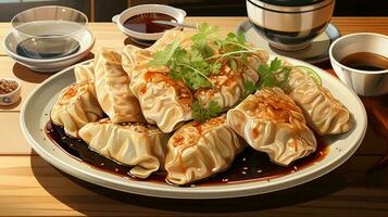 köstlich Gyoza von Chinesisch japanisch und Koreanisch Küche, einer von das Typen von Knödel auf ein Teller foto