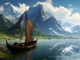 ein Boot auf ein See mit Berge im das Hintergrund ai generativ foto