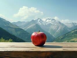 ein Apfel ist platziert auf ein Tabelle im Vorderseite von ein Berg Angebot ai generativ foto