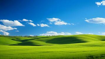 frisch Grün Felder im Frühling mit ein Blau Himmel Hintergrund auf ein hügel. ai generativ foto