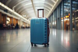 einer stilvoll Blau Koffer steht im ein leeren Flughafen Gang. das Konzept von Reisen durch Ebene, Urlaub. warten zum Abfahrt. foto