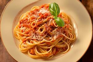 Leidenschaft zum Pasta mit ein fesselnd fotografieren mit authentisch Spaghetti alla amatriciana. ai generativ foto