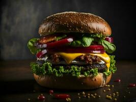 ein saftig Burger mit geschmolzen Käse und knusprig Speck, garniert mit frisch Grüner Salat und Tomate ai generativ foto