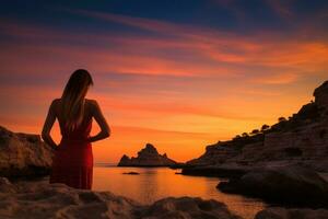 schön jung Frau im rot Kleid suchen beim Sonnenuntergang Über das Meer, Epos rot Sonnenuntergang im cala llentrisca mit Modell- , Ibiza, ai generiert foto