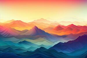 Landschaft mit Berge und Sonnenuntergang. Vektor Illustration zum Ihre Design, zauberhaft Berg Angebot mit beschwingt Farbe Gradient Spitzen, ai generiert foto