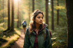 ein Mädchen mit ein Rucksack und Wandern Stiefel, Gehen auf ein Weg im ein Wald generativ ai foto