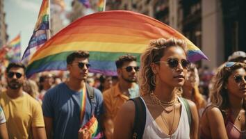 Menschen mit Regenbogen Flagge auf Stolz Parade. ai generiert foto