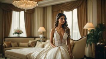 schön Braut im Luxus Hotel Zimmer. ai generiert foto