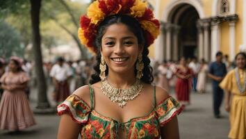 nicaraguanisch Folklore Tänzer lächelnd und suchen beim das Kamera draußen das Kathedrale Kirche im das zentral Park von das Stadt von Leon. das Frau trägt das typisch Kleid von zentral Amerika. ai generiert foto