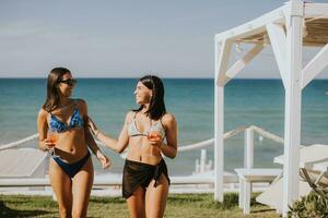 lächelnd jung Frauen im Bikini genießen Ferien auf das Strand foto