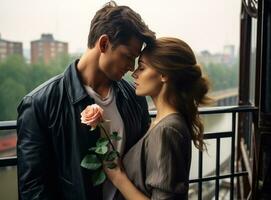 jung Kerl und Frau Umarmung während halten Rosen auf das Balkon von das Stadt foto