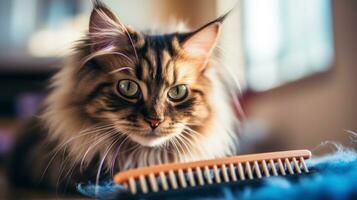 neugierig Schildpatt Katze Aufpassen es ist Inhaber Kamm es ist Pelz mit ein Blau Bürste foto