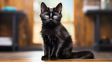 elegant schwarz Katze zeigen aus es ist glänzend Mantel während ein Pflege Session foto