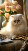 Regal persisch Katze Sein gebürstet mit ein golden Kamm im ein luxuriös Rahmen foto