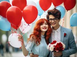 Paar halten Luftballons während halten Strauß von rot Rosen und halten Herzen foto