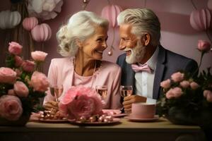 glücklich alt Paar Sitzung zusammen zum ein romantisch Mahlzeit im das Leben Zimmer foto
