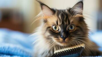 neugierig Schildpatt Katze Aufpassen es ist Inhaber Kamm es ist Pelz mit ein Blau Bürste foto