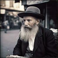 orthodox jüdisch Mann, gekleidet im Schwarz, tragen ein lange Bart und ein Hut generativ ai foto