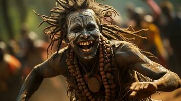 unbekannt afrikanisch Mann mit gemalt Gesicht und Dreadlocks tanzen diani Strand, Kenia Mombasa. foto